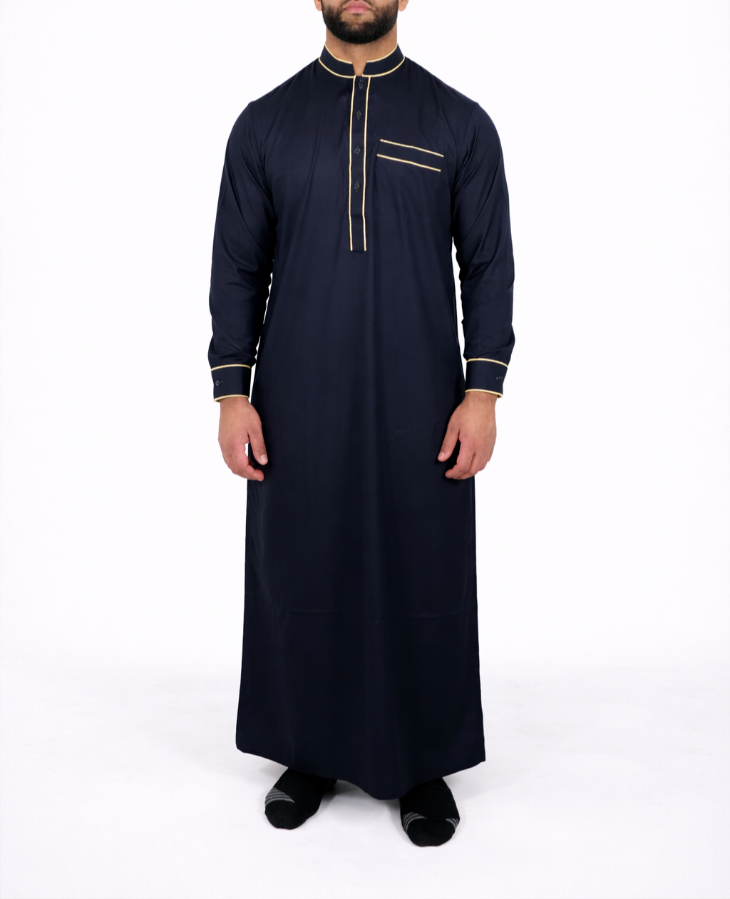 Saudi Style Collar Thobe / Jubba - Navy & Gold